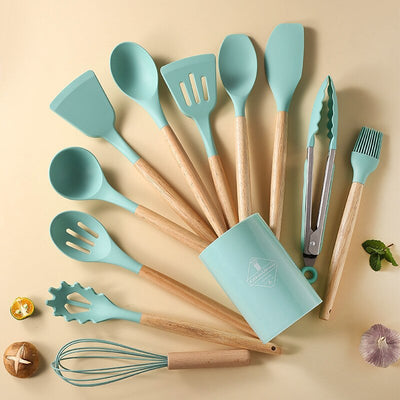 12-Piece Silicone Kitchen Utensil Set with Wood Handles